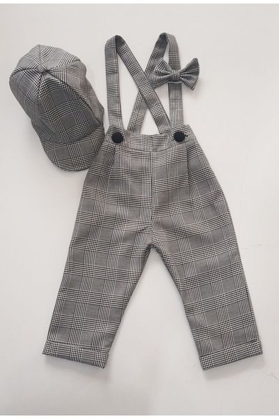 moms and babies Boy's Baby Pants Salopet Hat Suit Gray Colored Plaid Pattern 0-5 Years