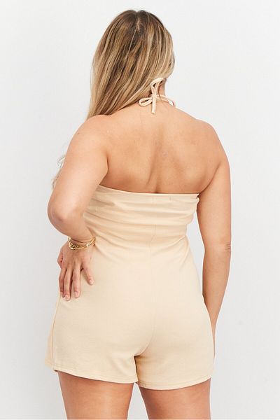 Koolook Women Textured Tie Neck Overlay Playsuit, Beige