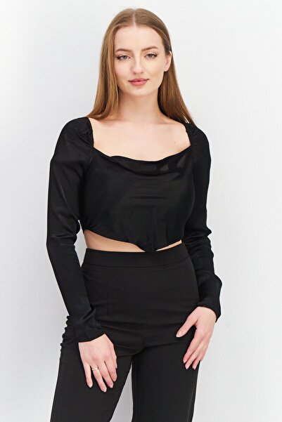 Don't Call Me Jennyfer Women Square Neck Long Sleeve Textured Crop Top, Black