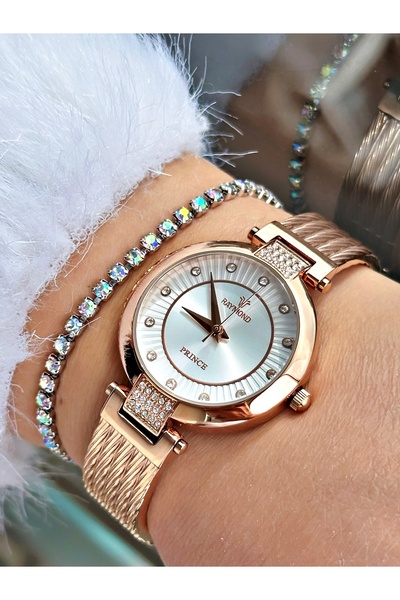 Raymond Rose Gold Taşlı Fantazi Çelik Model Kadın Kol Saati +BİLEKLİK