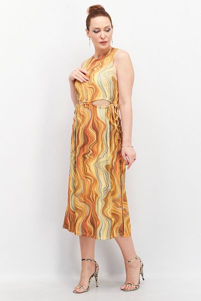 NA-KD Women Cut Out Drawstring Allover Print Midi Dress, Yellow Combo