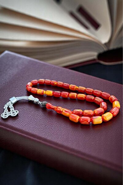 Atolyezone Erkek Sarı Kırmızı Beyrut Damla Kehribar Tesbih Gümüş Kaplama Püsk...