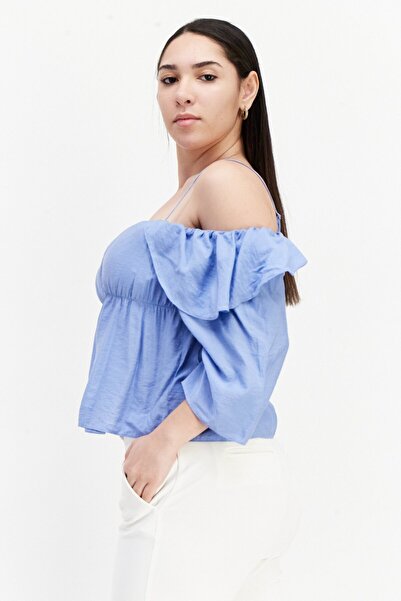 Vince Women Off The Shoulder Neck Long Sleeves Plain Blouse, Blue