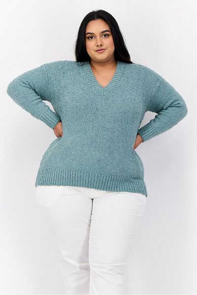 PİNK ROSE Women V-neck Textured Sweater, Sage Green
