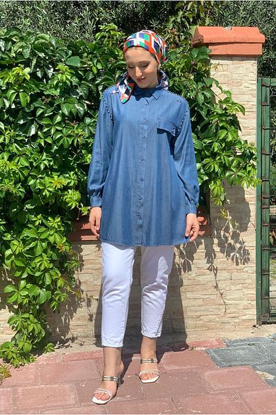 Moda Rosa 25Y4371 - Dark Blue - Shirt with Stone on the Shoulder