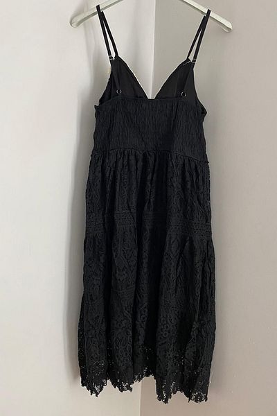 AYASOFYA OTANTIK Women's Italian Black Pompom Detailed Adjustable Strap Lined Mini Tunic Lace Dress