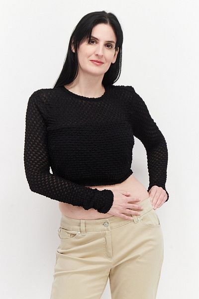 NA-KD Women Round Neck Long Sleeves Textured Open Back Top, Black