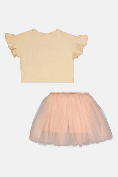 Miss Kids Girl 2 Piece Textured Top And Skirt, Cream/pink