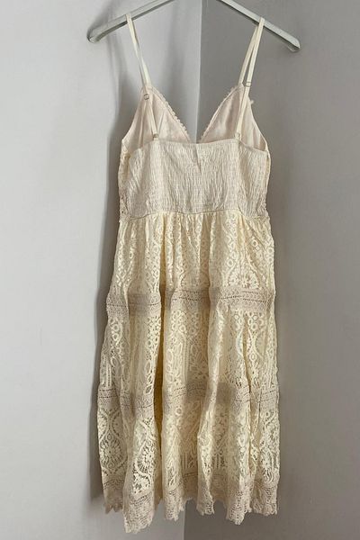 AYASOFYA OTANTIK Women's Italian Beige Pompom Detailed Adjustable Strap Lined Mini Tunic Lace Dress