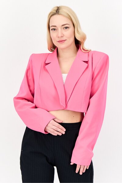 I Saw It First Women Regular Fit Plain Crop Blazer, Pink