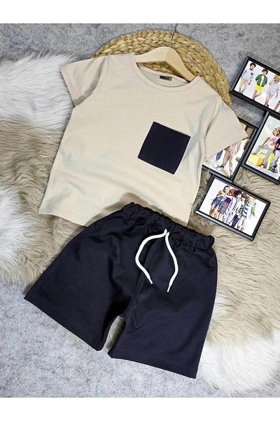 krm kerem bebe Boys' Stylish and Comfortable Summer Suit with Denim Shorts
