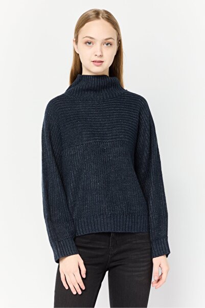 Monki Women High Neck Ribbed Knit Sweater, Navy