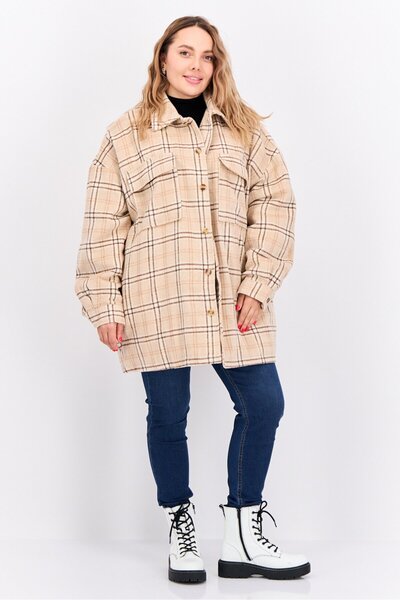 collusion Women Plus Size Plaid Jacket Shirt, Tan