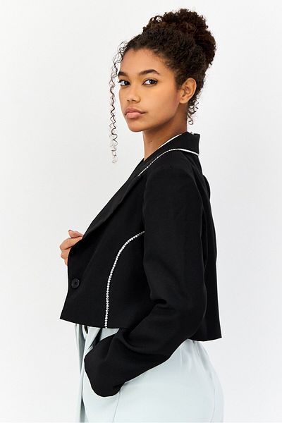 ASYOU Women Regular Fit Diamante Trim Crop Blazer, Black