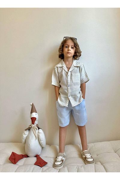 MİO Costum cămașă pentru băiat, cu pantaloni scurți din bumbac, cu croiala relaxată de vară