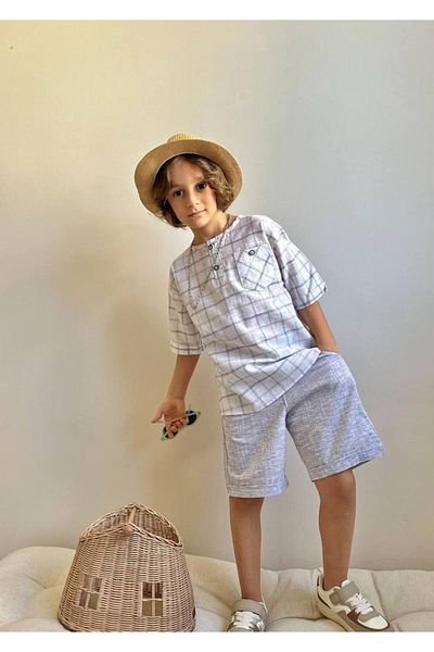 MİO Costum cămașă pentru băiat, cu pantaloni scurți din bumbac, cu croiala relaxată de vară