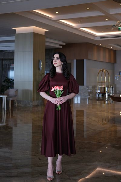 BEYZATURAN Veronica Burgundy Inverted Pleat Balloon Sleeve Long Flared Skirt Dress/Evening Dress