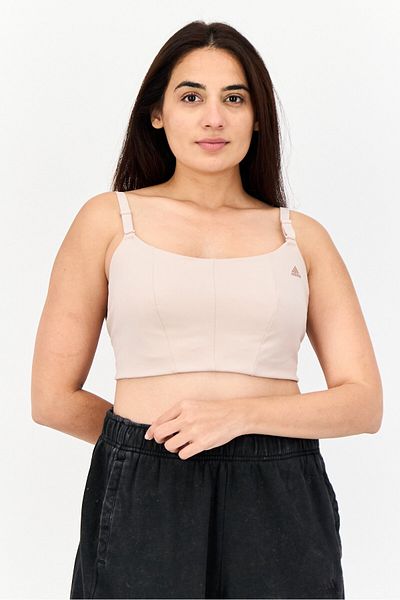 adidas حمالة صدر رياضية غير مبطنة بشعار العلامة التجارية للنساء، لون وردي باهت