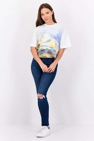 Esprit Women Crew Neck Short Sleeves Graphic Crop Top, White