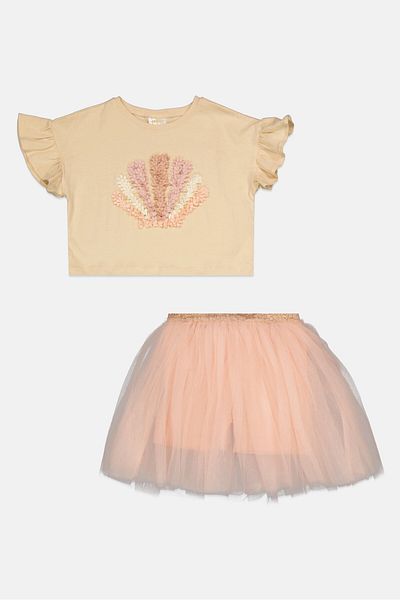 Miss Kids Girl 2 Piece Textured Top And Skirt, Cream/pink