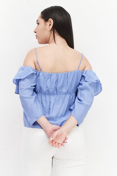Vince Women Off The Shoulder Neck Long Sleeves Plain Blouse, Blue