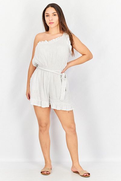 VINTAGE HAVANA Women Stripe One Shoulder Sleeves Playsuits, White