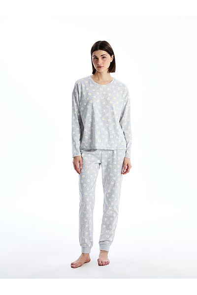 LC Waikiki Gray Crew Neck Floral Women's Pajama Set
