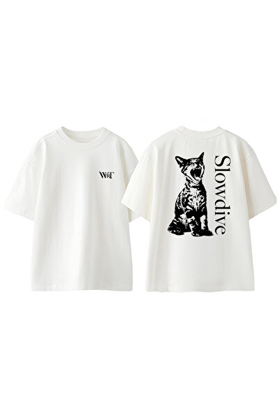 THEWERT Cat Slowdive Design Leđa Štampano Pamuk Bela Oversize kroj T-shirt