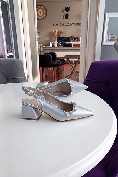 LA CALZATURE Silver Satin 6cm Thick Heeled Accessory Stone Detailed Evening Dress Women's Heeled Shoes