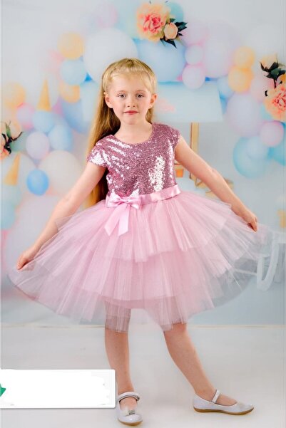 esmacamoda KIZ BEBEK ÇOCUK ABİYE ELBİSE PEMBE RENK