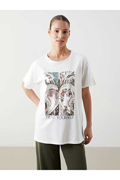 LC Waikiki Lcwaikiki Classic Ecru Crew Neck Printed Women's T-Shirt