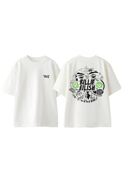 THEWERT Tricou supradimensionat alb din bumbac cu imprimeu pe spate Billie Eilish 1