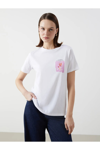 LC Waikiki Lcw Comfort White Crew Neck Printed Women's T-Shirt