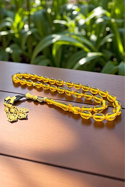 Atolyezone Erkek Çay Fosilli Sarı Toz Kehribar Tesbih