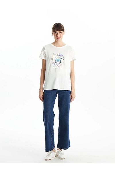 LC Waikiki Lcwaikiki Classic Ecru Crew Neck Printed Women's T-Shirt
