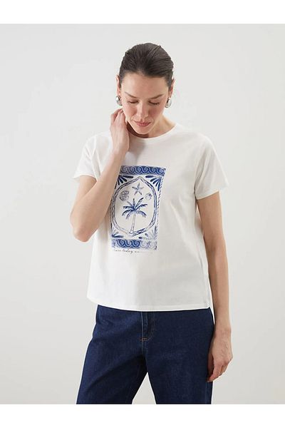 LC Waikiki Γυναικείο μπλουζάκι LCWAIKIKI Classic Ecru Crew Neck με στάμπα