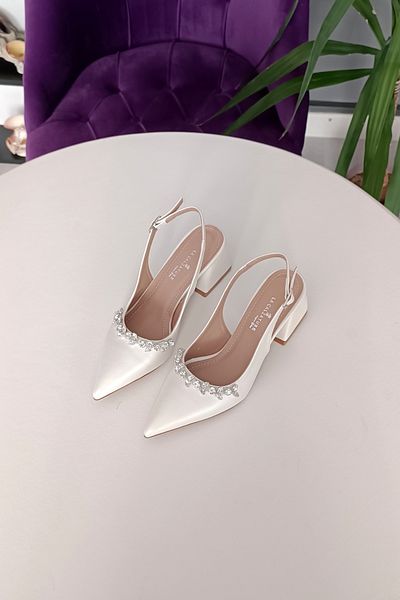 LA CALZATURE Mother of Pearl Leather 6cm Thick Heeled Accessory Stone Detailed Evening Dress Women's Heeled Shoes