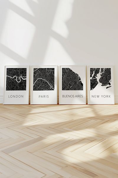 Home Set of 4 European Countries Map, Living Room Decor, Hallway Decor, Black White Frameless Poster