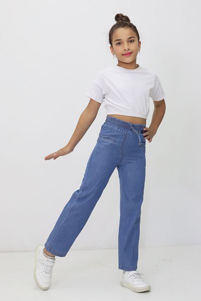 RAPİDO LİFE Girl's Jeans Summer Elastic Waist Slit Pocket Rope Detailed Pipe Leg