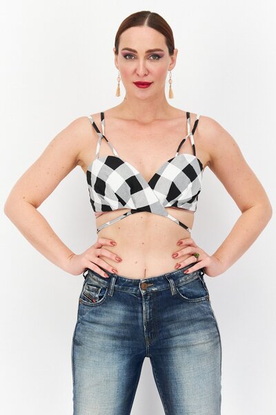 Asos Luxe Women Tie Front Non Padded Checkered Bralette Top, Multicolor