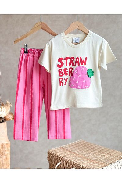 Pinkitokids Strawberry Embossed Printed 3D T-Shirt and Muslin Pants Set