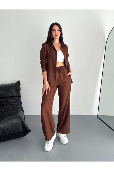 BÜŞRA TEZEL MODA Πουκάμισο Παντελόνι Δύο Τεμαχίων - Καφέ