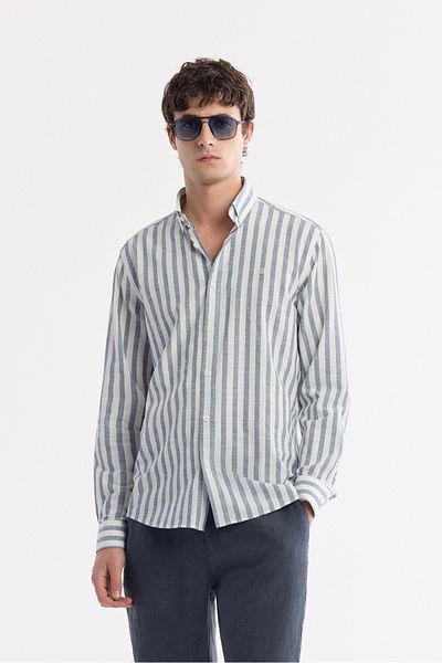 Avva Men's Navy Blue Comfort Fit 100% Cotton Button Collar Linen Textured Striped Shirt A51Y2167