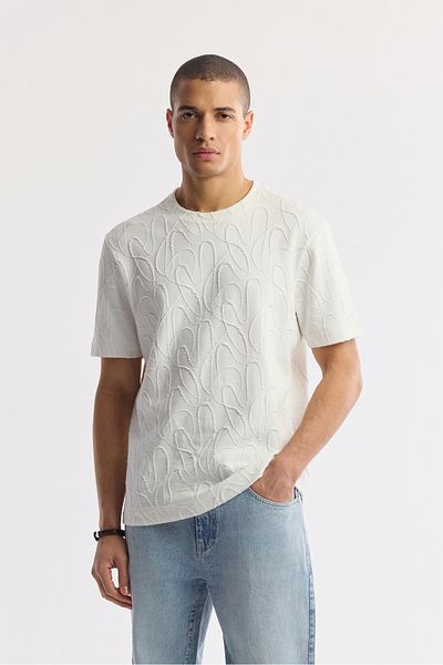 Avva Men's White Crew Neck Cotton Jacquard Elastane T-Shirt A51Y1122