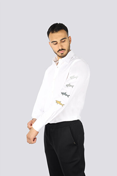 PAUL&SHARK Erkek %100 Pamuklu Normal Kesim Kolu Baskılı Uzun Kollu Beyaz Gömlek 25413538-010