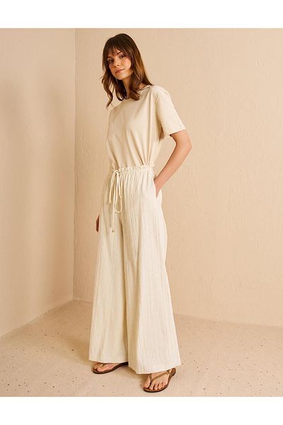 Kayra Seersucker Trousers - High Waist Ecru