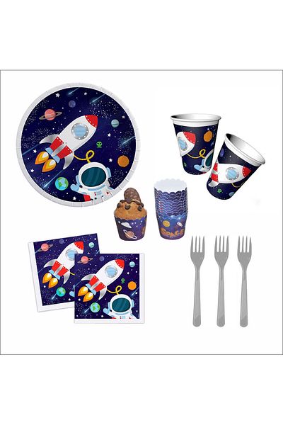 ZENVİVA Space Themed Plate, Cup, Fork, Cake Capsule, Napkin Set
