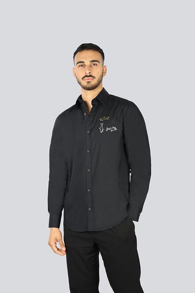 PAUL&SHARK Men's Regular Fit Chest Logo Patterned Long Sleeve Black Shirt 25413519 -011