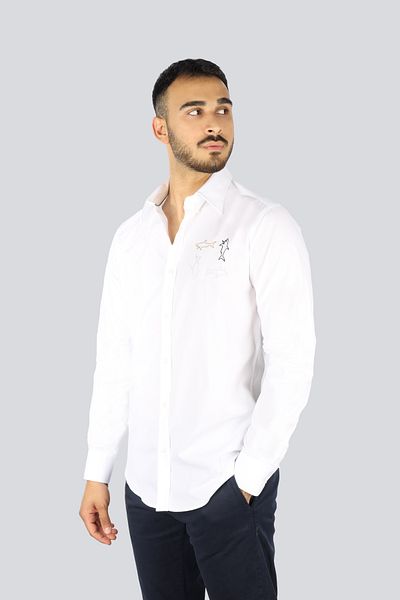 PAUL&SHARK Men's Regular Fit Chest Logo Patterned Long Sleeve White Shirt 25413519 -010