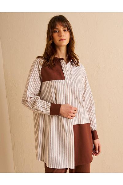 Kayra Fabric Garnish Shirt, Collar Tunic and Coffee